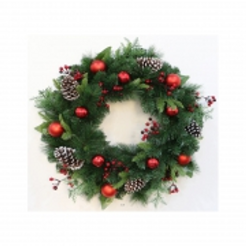 XMAS WREATH 50CM PE + PINE NEEDLE + CONE + BERRIES + BAUBLES 90TIPS