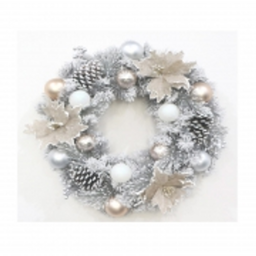 XMAS WREATH 50CM GREY SNOW MIXED LEAVES BURLAP FLOWER + BAULBLES + CONES 90TPS