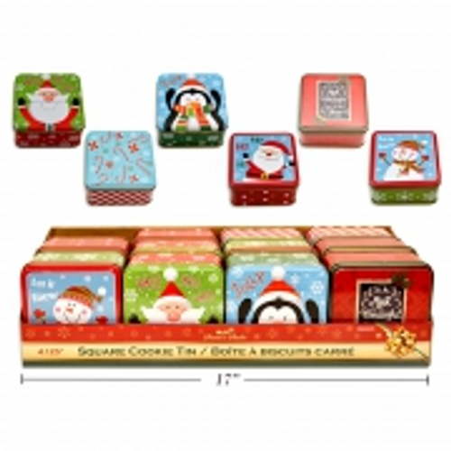 XMAS TIN COOKIE BOX SQR 10.5X10.5X5.7CM 6ASST DESIGNS 1PC