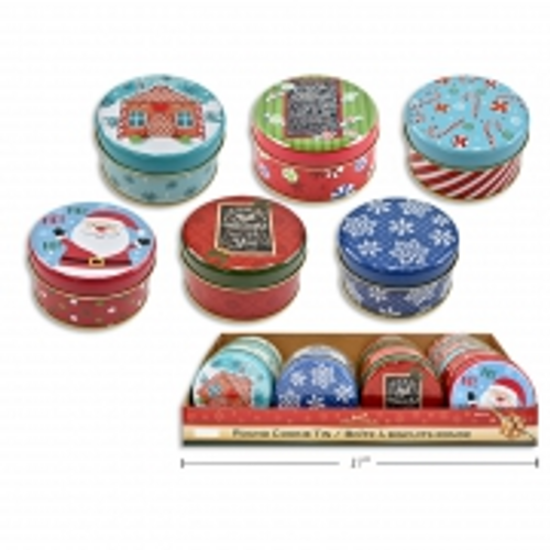 XMAS TIN COOKIE BOX RND 10.5X8.57CM 6ASST DESIGNS 1PC
