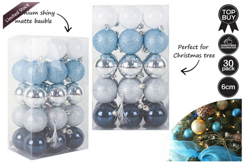 30PK 6CM SHINY MATT GLITTER BAUBLE PACK IN PVC BOX