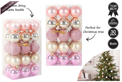 30PK 6CM SHINY MATT GLITTER BAUBLE PK  PVC BOX PNK