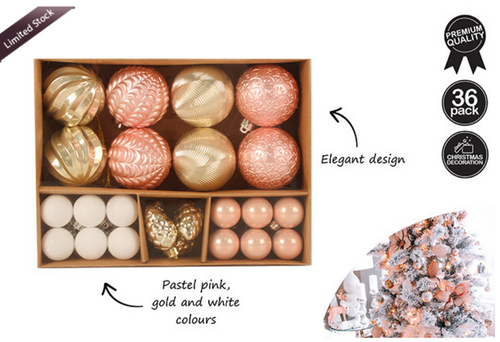 36PK ORNATE 3 4 6CM BAUBLE SE IN CRAFT PVC BOX PINKS