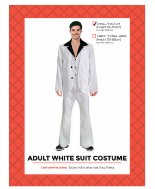 Adult 70s disco white suit costume (S/M)