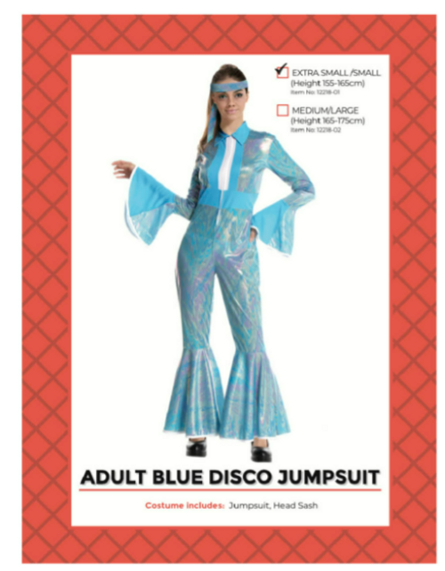 Adult 70s blue disco jumpsuit (XS/S)