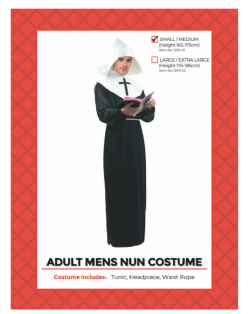 Adult Nun Mens Costume (S/M) Adult Nun Mens Costume (S/M)