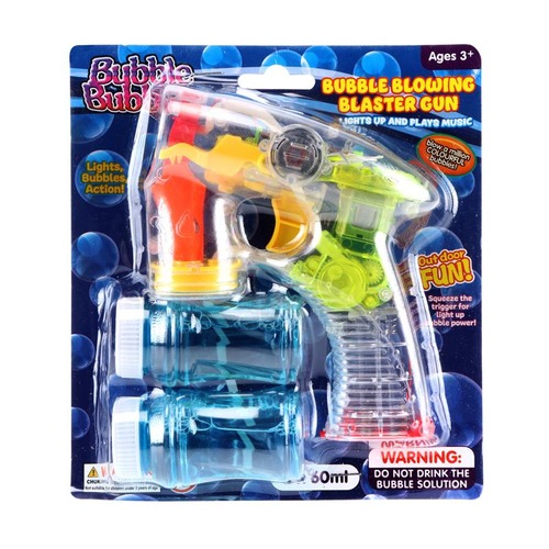 Bubble Blowing Blaster Gun with Lights & Music Includes 2 x 60ml Solution - Requires 3xAAA Batteries