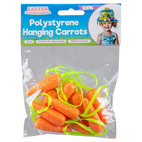 Polystyrene Carrots With Glitter & Hanging 10pc 1cm x 5cm Orange