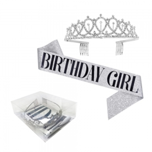 BLACK & SILVER BIRTHDAY GIRL TIARA & SASH SET