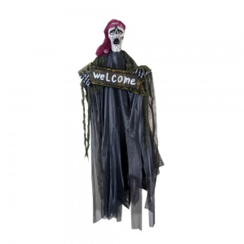 HANGING GHOUL W/ WECOME SIGN, LIGHT UP RED EYES & SOUND,, SHAKING HEAD HANGING GHOUL W/ WECOME SIGN, LIGHT UP RED EYES & SOUND,, SHAKING HEAD