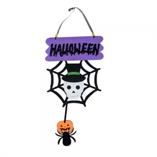 HANGING HALLOWEEN SIGN W/SKULL WITH HAT ON AND HANGING PUMPKIN W/SPIDER 25X60CM HANGING HALLOWEEN SIGN W/SKULL WITH HAT ON AND HANGING PUMPKIN W/SPIDER 25X60CM