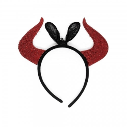 DEVIL HORNS ON HEADBAND W/ BOW IN POLYBAG W/HEADER CARD