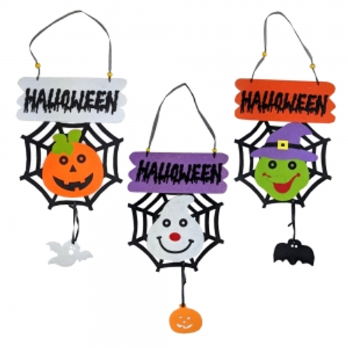 3 ASSORTD HANGING HALLLOWEEN SIGNS PUMPKIN/WITCH/GHOST 25X60 CM