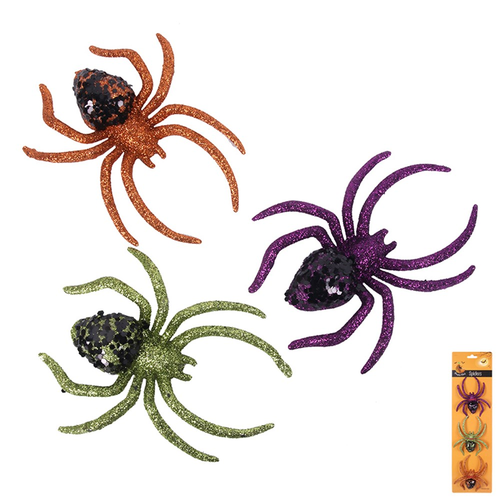 3PK 9CM GLITTERED SPIDER