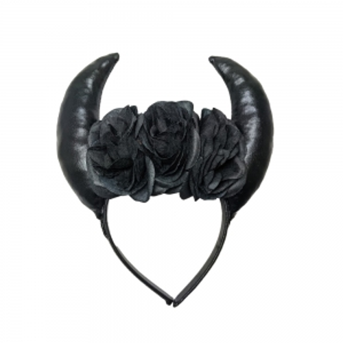 BLACK  DEVIL HORNS W/ ROSES ON HEADBAND  ON COLOUR CARD