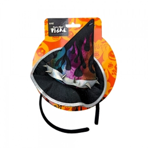 MINI WITCHES HATW/ HALOGRAPHIC FLAMES   ON HEADBAND  ON COLOUR CARD
