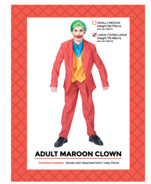 Adult Maroon Clown Costume (L/XL)was 90105-02