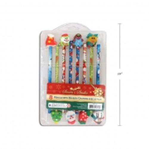 XMAS PENCILS W/ERASER TOPPER PK 8 19CM PACK SIZE