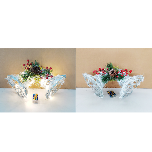 PLASTIC RATTAN DOUBLE BELL W/COTTON&SILVER GLITTER 20CM+30LED