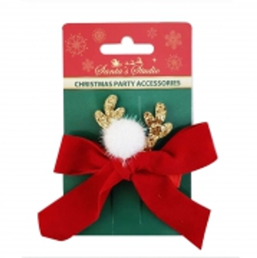 XMAS HAIR CLIP RED BOW W/ANTLERS