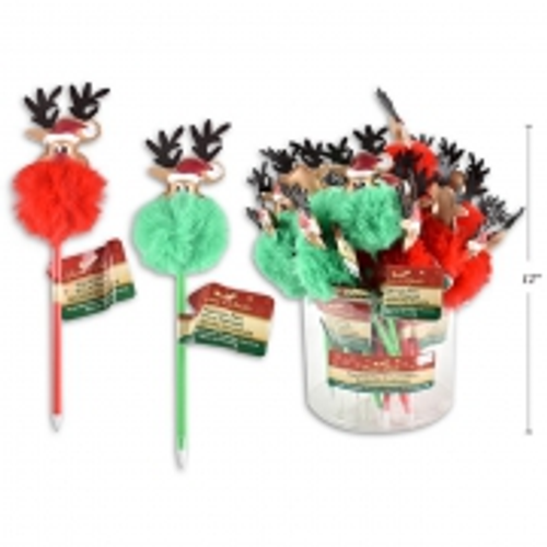 XMAS PEN PLUSH REINDEER POMPOM 2ASST COLS 1PC