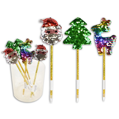 XMAS PEN FLIP SEQUIN 3ASST CHARACTERS 25CM 1PC