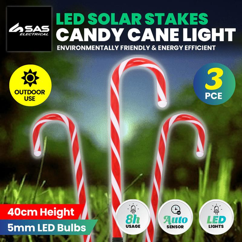 Light Solar Stakes Candy Cane 3pk 24 LED (8 Per Stake) 40cm x 16.5cm x 48cm 2.9m Lead Cool White 2 Functions