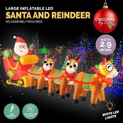 Inflatable Low Voltage Santa & Reindeers 290cm x 43cm x 105cm Indoor/Outdoor Use