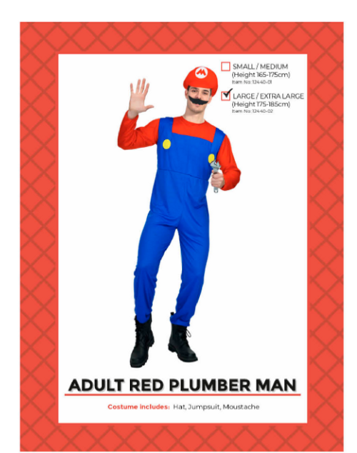 Adult Red Plumber Costume L/XL