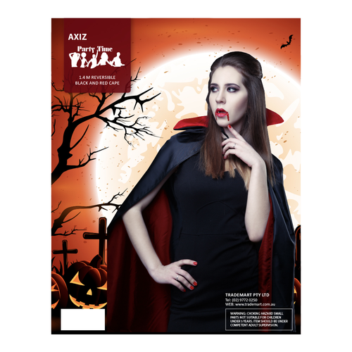 1.4 M REVERSABLE BLACK & RED CAPE IN POLY BAG W/ COLOUR CARD