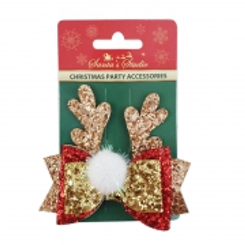 XMAS HAIR CLIP RED/GOLD BOWS W/ANTLERS