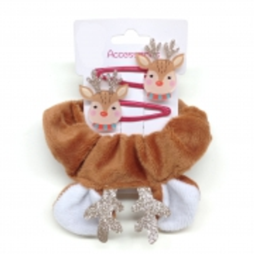 XMAS HAIR CLIPS 2PK + SCRUNCHIE REINDEER DSN
