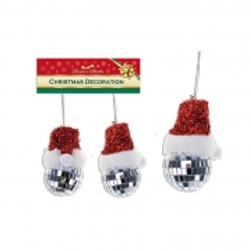 XMAS TINSEL SANTA HEAD MIRROR BALL ORNAMENT PK2 8CM 5CM DIA
