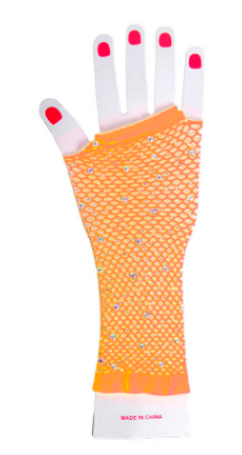 Orange fishnet glove with diamontes LONG