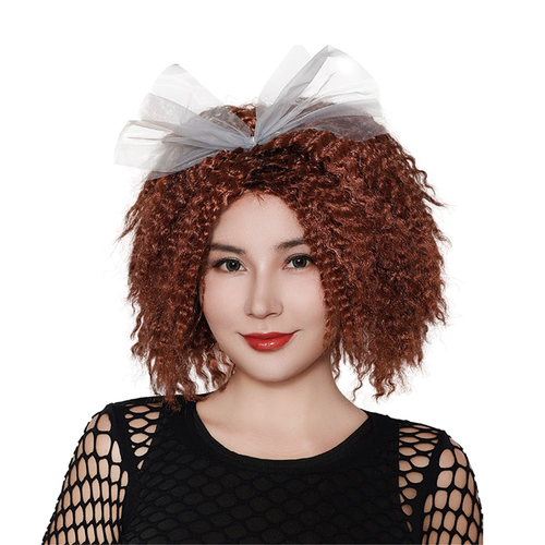 80S FEMALE BROWN POP STAR WIG W/WHITE BOW