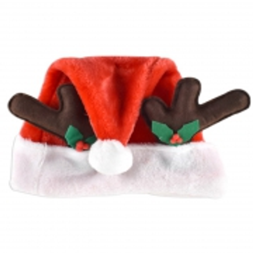 Santa Hat w/Plush Trim 40(L)x28cm(W) w/Reindeer Antler