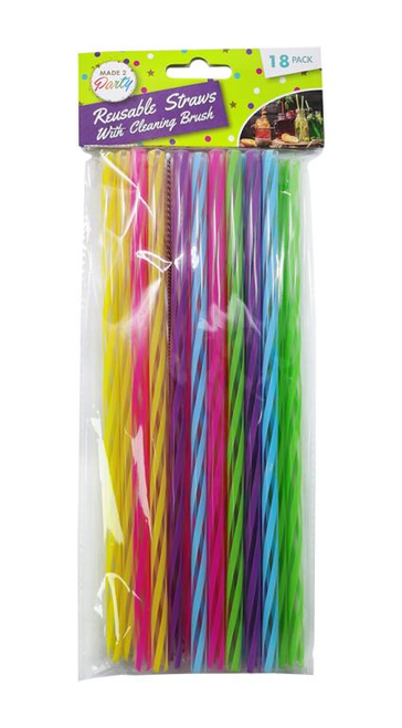 18PK Re-Usable Straws with Cleaning Brush - 25CM Striped MultiColored Series