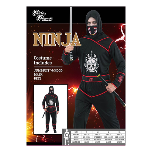 MAN NINJA COSTUME-INCLUDING JUMPSUIT W/HOOD, MASK, BELT, PANTS, 2A SIZES LRG & XLG MAN NINJA COSTUME-INCLUDING JUMPSUIT W/HOOD, MASK, BELT, PANTS, 2A SIZES LRG & XLG