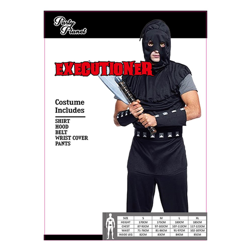MAN EXECUTIONER COSTUME-INCLUDING SHIRT, HOOD, BELT, WRIST COVER, PANTS, 2A SIZES LRG & XLG MAN EXECUTIONER COSTUME-INCLUDING SHIRT, HOOD, BELT, WRIST COVER, PANTS, 2A SIZES LRG & XLG