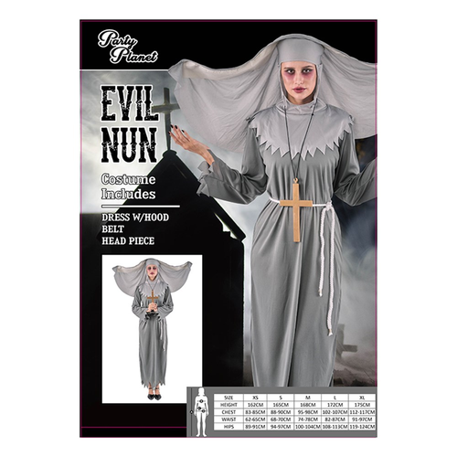 WOMAN EVIL NUN COSTUME-INCLUDING DRESS W/HOOD, BELT, HEAD PIECE, 2A SIZES MED & LRG WOMAN EVIL NUN COSTUME-INCLUDING DRESS W/HOOD, BELT, HEAD PIECE, 2A SIZES MED & LRG