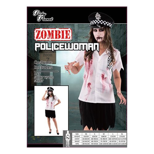 WOMAN ZOMBIE POLICEWOMAN COSTUME-INCLDUING HAT, SHIRT W/TIE, SKIRT, 2A SIZES MED & LRG WOMAN ZOMBIE POLICEWOMAN COSTUME-INCLDUING HAT, SHIRT W/TIE, SKIRT, 2A SIZES MED & LRG