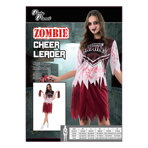 WOMAN ZOMBIE CHEER LEADER COSTUME-INCLUDING SHIRT, SKIRT, 2A SIZES MED & LRG WOMAN ZOMBIE CHEER LEADER COSTUME-INCLUDING SHIRT, SKIRT, 2A SIZES MED & LRG