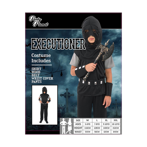BOY EXECUTIONER COSTUME-INCLUDING SHIRT, HOOD, BELT, WRIST COVER, PANTS, 2A SIZES LRG & XLG BOY EXECUTIONER COSTUME-INCLUDING SHIRT, HOOD, BELT, WRIST COVER, PANTS, 2A SIZES LRG & XLG
