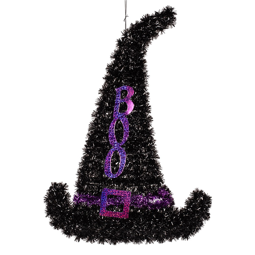 39X29CM HANGING TINSEL BOO WITCH HAT 39X29CM HANGING TINSEL BOO WITCH HAT