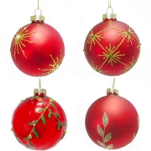 GLASS BAUBLE HANDPAINTED 10CM RED 4ASST DESIGNS 1PC