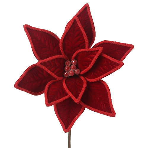 RED VELVET POINSETTIA W/ROPE DETAIL D30CM W/50CM STEM