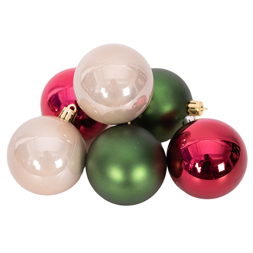 BERRY CHRISTMAS MIX SHATTERPROOF BAUBLES 6X6CM SHINY, PEARL, GLITTER FINISH IN PVC TUBE