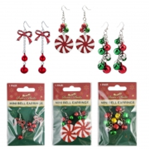 Xmas Earrings 3Asst 7cm Bells/Candy
