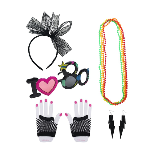 5PC 80'S DRESS UP ACCESSORIES-GLASSES, HEADBAND, EARRINGS, NECKLACES, GLOVES