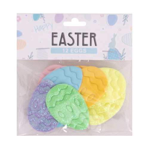 12PC PU EGGS ASSORTED COLOURS 3X4.5CM